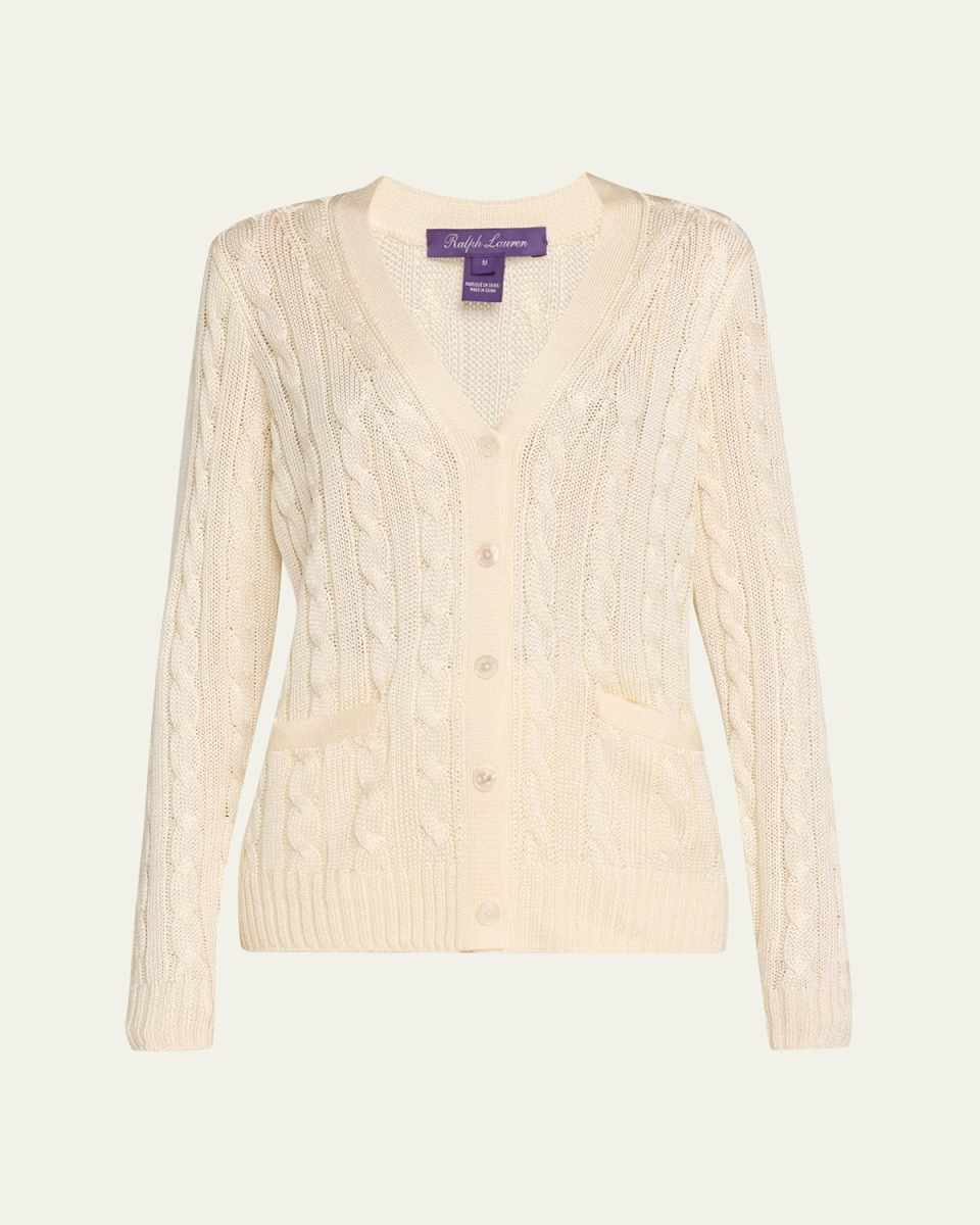 High Shine Cable-Knit Cashmere Cardigan Sweater, Cre